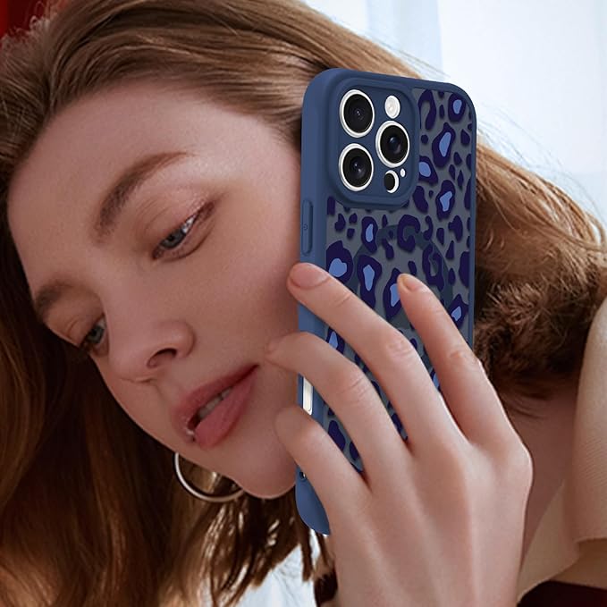 KANGHAR Case for iPhone 16 Pro Blue Leopard Printed Pattern Cute Cheetah [Compatible with Magsafe] Protective Magnetic Case for Girls Women 6.3"