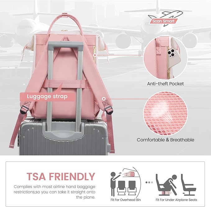 LOVEVOOK Leather Backpack for Women,17 inch Leather Laptop Backpack Women,Professional Work Backpack Nurse College Teacher Bag,Womens Laptop Tote Bag Computer Travel Backpack Purse,Beige White-Pink