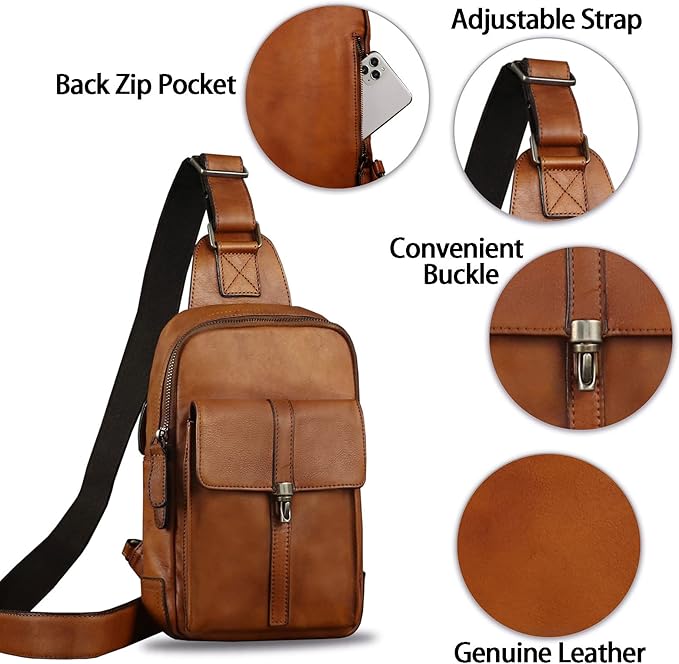 Genuine Leather Sling Bag Casual Shoulder Hiking Backpack Vintage Handmade Crossbody Bag Retro Chest Daypack (Brown)