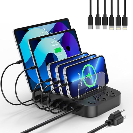 Catlyn Charging Station for Multiple Devices, 8 Port Charger Stations with 6 Mixed Charger Cables Organizer Dock,Compatible for Cell Phone,Tablet, Kindle, iPhone iPad for Family Home Office（Black）
