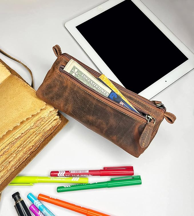 Rustic Town Leather Pencil Case - Full Grain Leather Zippered Pen Pouch - Stationery Bag Pen Holder for Work & Office