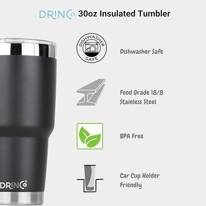 Drinco - 30 oz Stainless Steel Tumbler | Double Walled Vacuum Insulated Mug With Lid, 2 Straws, For Hot & Cold Drinks (30oz, 30oz Black), 1 Count (Pack of 1)