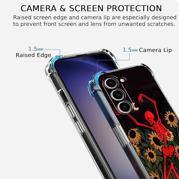 Case for Samsung Galaxy S23+ with Dancing Skull Design,Cute Hippie Skeleton Flowers Pattern,Clear Soft TPU Bumper Phone Cover,6.6"(Skull,S23P)