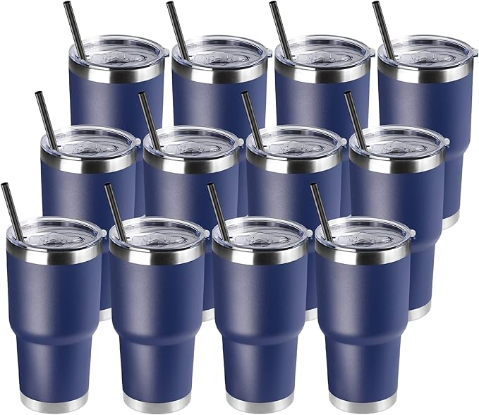 DOMICARE 30 oz Tumbler with Lid and Straw, Stainless Steel Tumblers Bulk, Insulated Vacuum Double Wall Travel Coffee Mug, Durable Powder Coated Tumbler Cups (Navy, 12)