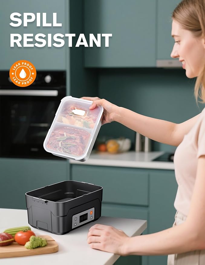 EAST OAK XL 6.3-Cup Cordless Electric Lunch Box for Adults, Heated Lunch Box for Men with Scheduled Heating, Portable Car Food Warmer with Utensils, Two-Tier Bag, Removable Divider
