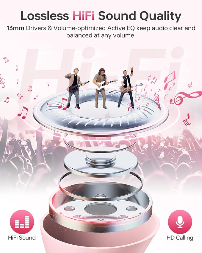 Wireless Earbuds Bluetooth 5.3 Headphones, 40Hrs Playback Stereo Ear Buds with LED Display Charging Case IPX7 Waterproof in-Ear Earphones with Mic for Phone Tablet Laptop Sports, Pink