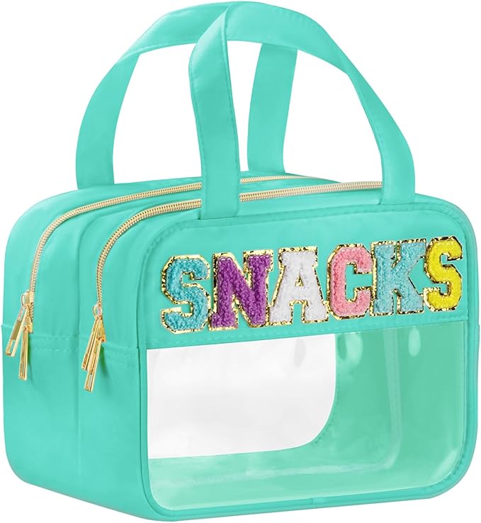 Chenille Letter Clear Makeup Bags, Snacks Bag for Travel, Preppy Patch Nylon Cosmetic Bag with Handles and Zipper, Waterproof Large Clear Travel Toiletry Bag Storage Bag for Women Green