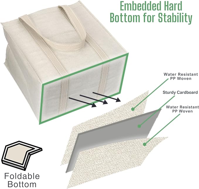 VENO 4 Pack Reusable Grocery Bags, Heavy-Duty Shopping Bags with Handles, Bags for Shopping Cart with Hard Bottom to Stand Upright, Foldable, Multi-Purpose, Sustainable (Beige, 4 Pack)