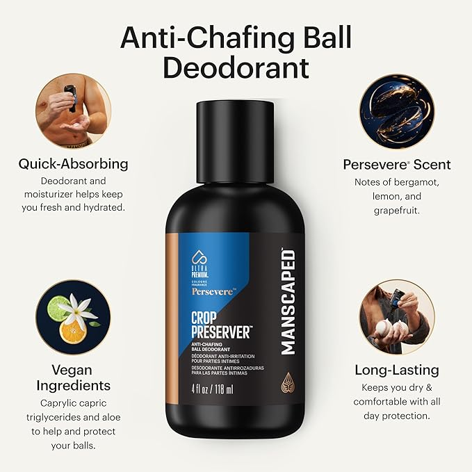 MANSCAPED® The Crop Preserver®, Men's Ball Deodorant Lotion, Male Care Hygiene Moisturizer, Anti-Chafing Groin Protection with Cooling Aloe Vera, Persevere® Scent, 4oz