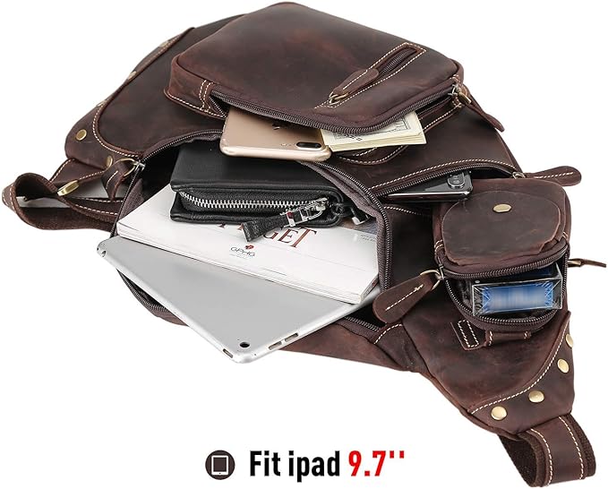 Polare Full Grain Leather Cross Body Sling Bag Chest Bag Backpack Outdoor Camping Tactical Daypack