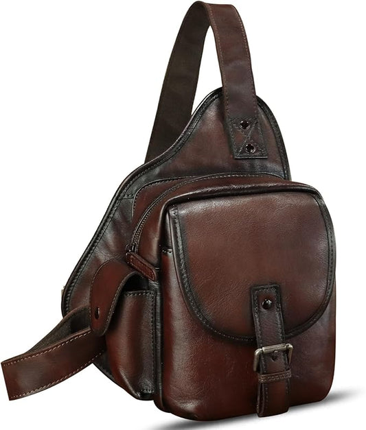Genuine Leather Sling Bag for Men Women - Chest Crossbody Bag Vintage Sling Backpack Purses Hiking Sports Travel (Coffee)