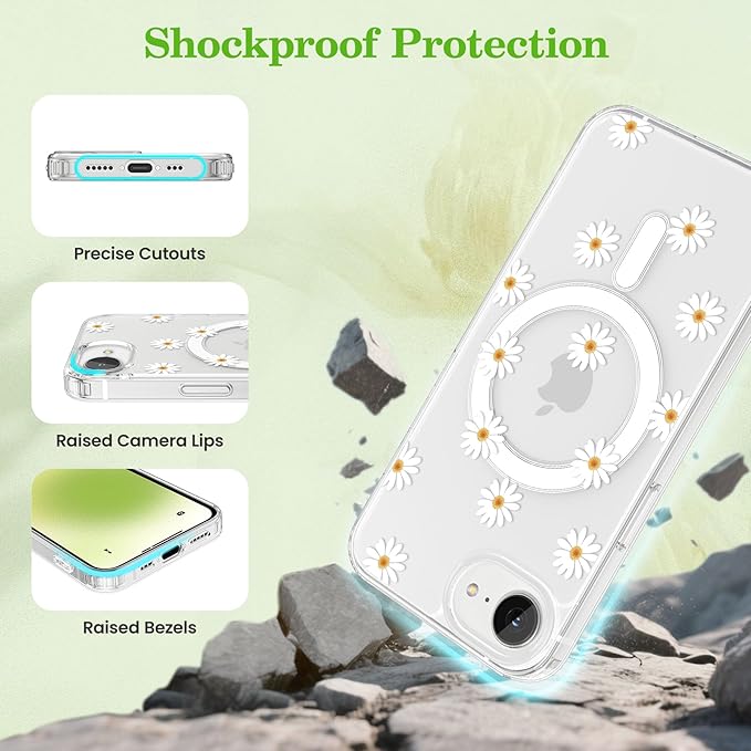 ZTOFERA for iPhone 16e Magnetic Case Compatible with Magsafe, Aesthetic Floral Pattern Design Cute for Girl Women,Anti-Drop Protective Hard Phone Cover for iPhone 16e-Daisy