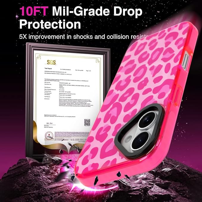 SAKUULO Magnetic for iPhone 16 Case Hot Pink Leopard Print Pattern [Compatible with MagSafe] [with Screen Protector] Wireless Charge Strengthen Protection Cover, Hot Pink Leopard (6.1")