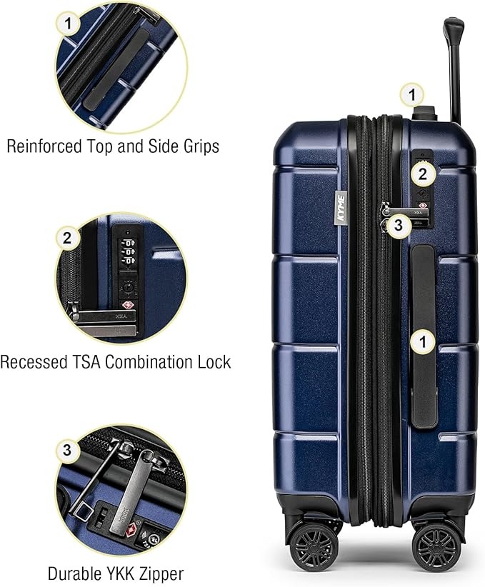KYME Hardside Expandable Carry On Luggage 22x14x9 Airline Approved 20 Inch Hardshell Carry On Suitcase with Wheels TSA Lock Small Travel Rolling Luggage with Cup Holder for Women Men Navy