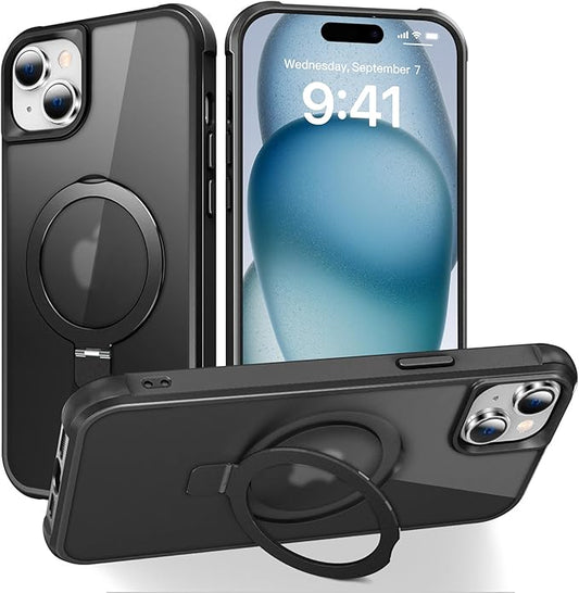 Compatible with iPhone 15 Plus Case with Invisible Magnetic O-Ring Stand Military-Grade Translucent Case for iPhone 15 Plus 6.7" [Compatible with Mag-Safe][Great Grip Feeling], Black