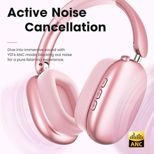 Y01 Wireless Over Ear Headphones, Noise Canceling Bluetooth 5.3 Headphones with Microphones,Hi-Res Audio,48H Playtime,Foldable,Breathable Soft Earpads for iOS/Android/Samsung/PC-Pink