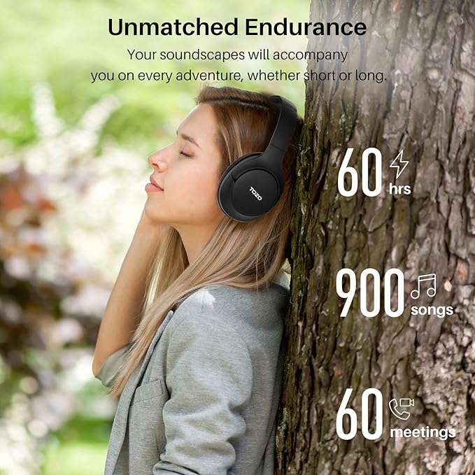 TOZO HT2 Hybrid Active Noise Cancelling Headphones, Wireless Over Ear Bluetooth Headset, 60H Playtime, Hi-Res Audio Custom EQ via App Deep Bass Comfort Fit Ear Cups, for Home Office Travel Black
