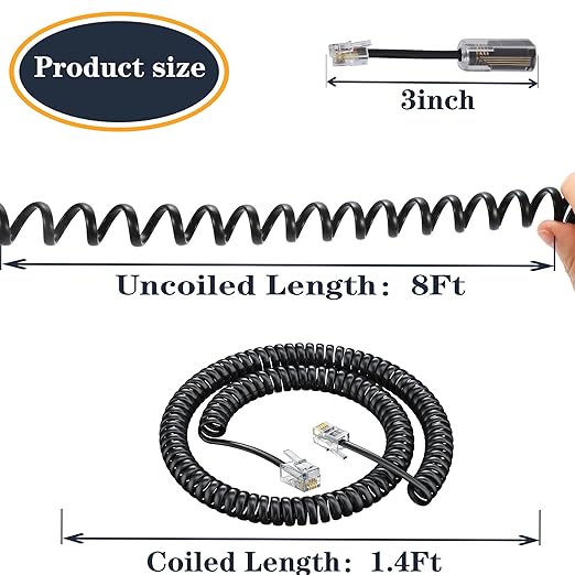 Telephone Handset Cord,Coiled Wire 8Ft Uncoiled / 1.4Ft Coiled Landline Phone Handset Cable RJ9 4P4C Telephone Accessory (Cord+Detangler)
