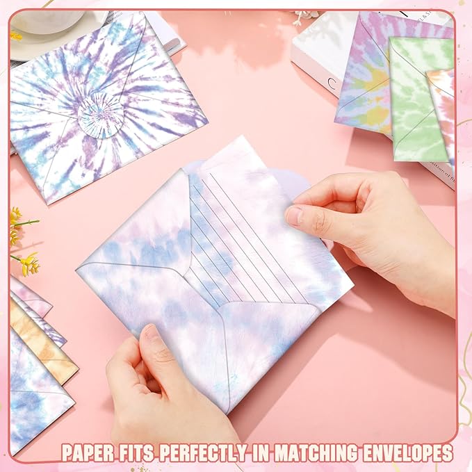 TaoBary 160 Pcs Stationery Paper Set 50 Double Sided Stationery Papers with 50 Matching Envelopes and 60 Round Dot Sticker, 10 Design(Tie Dye,5.5 x 8.25 Inch)
