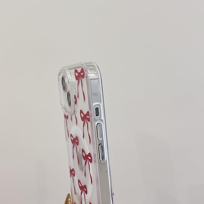 UEEBAI Magnetic for iPhone 13 Pro Max Case, Burgundy Bow Case Compatible with MagSafe, Wireless Slim Clear Ribbon Phone Cover Anti-Yellowing Shockproof Protective Cover for Women Girl - Burgundy