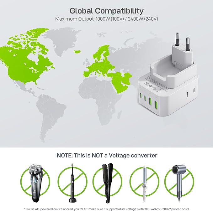 EPICKA Hybrid European Travel Plug Adapter, Foldable & Detachable Type C (EU) VisaPlug, 8-IN-1 International Power Adapter with 4 USB Ports (2 USB-C PD 20W) - Travel Essentials for US to Europe, White
