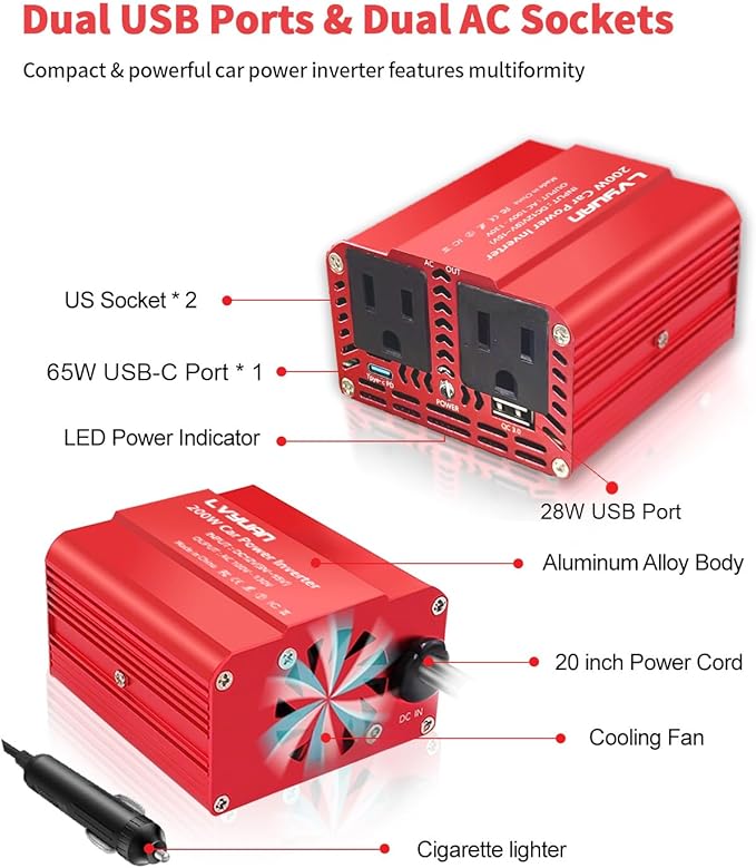 200W Power Inverter, LVYUAN Inverter 12V DC to 110V AC Car Plug in Adapter Outlet 65W PD Type-C & 28W QC Fast-Charging Ports Vehicle Converter for Phone, Laptops, Road Trip Charger