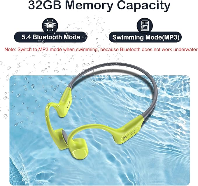 Bone Conduction Swimming Headphones, IP68 Waterproof Earbuds with 32GB MP3, Bluetooth 5.4 Open Ear Sport Earphones, Underwater Headphones for Swimming, Running, Cycling, Marathon-SurfAudio(Glow green)