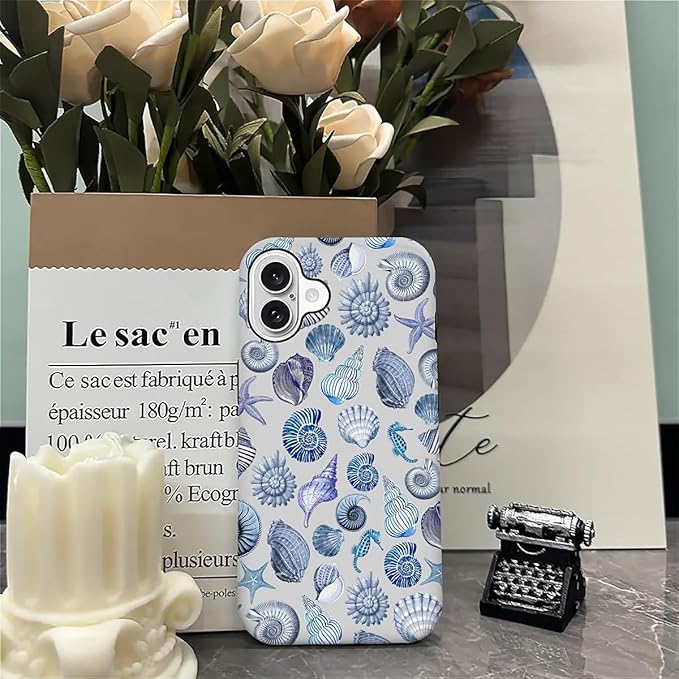 Case for iPhone 16,Summer Beachy Seashell for Woman Men Full Body Protective Cover Shockproof 2 in 1 Silicone + Hard PC Case for iPhone 16