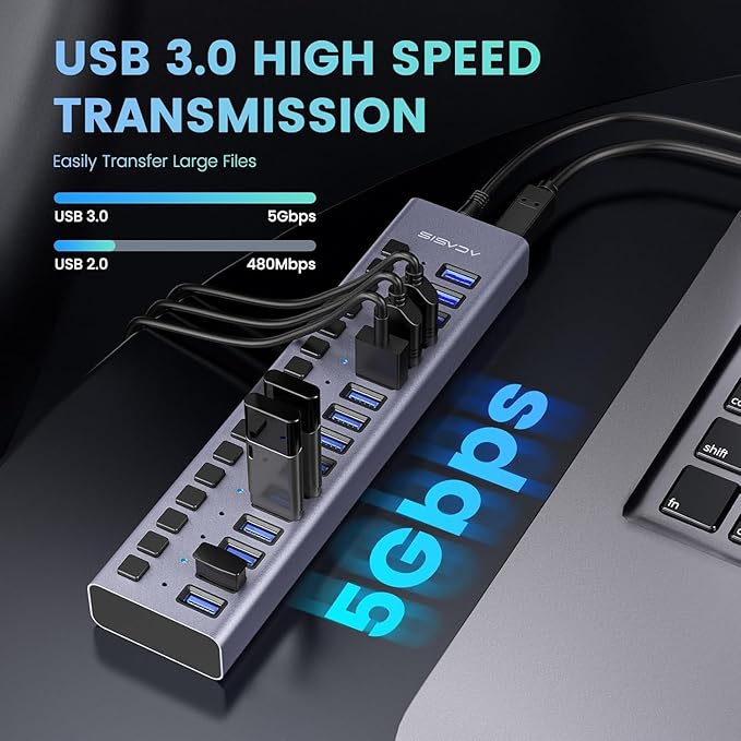 90W Powered USB Hub - ACASIS 16 Ports USB 3.0 Data Port, Aluminum Housing, Individual On/Off Switches, 12V/7.5A Power Adapter, USB Splitter for Laptop, PC, Computer, Printer
