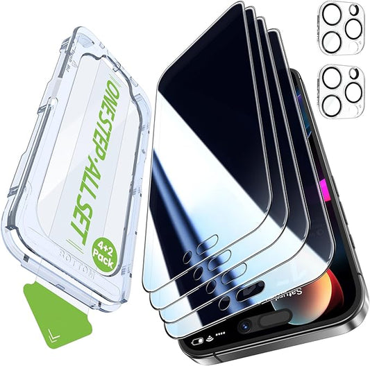 iGluz 4+2 Pack for iPhone 15 Pro Max Privacy Screen Protector with Camera Lens Protector 6.7 inch,9H+Tempered Glass[Military Grade Shatterproof &100% Anti-Spy],3D Micro-Curved Edges[Longest Durable]