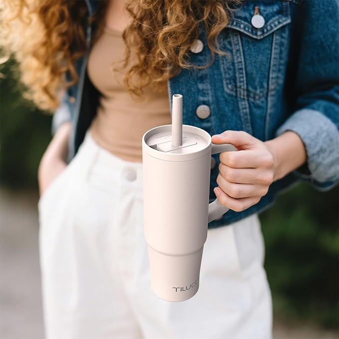 TILUCK 30 oz Tumbler with Handle, Vacuum Insulated Stainless Steel Travel Mug with 100% Leak-Proof Silicone Straw Lid, Cupholder Friendly Water Bottle(SakuraPink, 30oz)