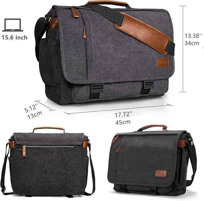 ESTARER Computer Messenger Bag 15-15.6 inch, Water-resistant Canvas Work Bag Briefcase, Laptop ShoulderSatchel with Buckles, Grey