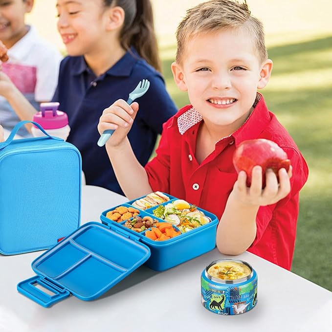 Bento Lunch Box for Kids With 8oz Soup thermo,Leak-proof Lunch Containers with 5 Compartment,thermo Food Jar and Lunch Bag, Food Containers for School (A-Blue(Dinosaur))