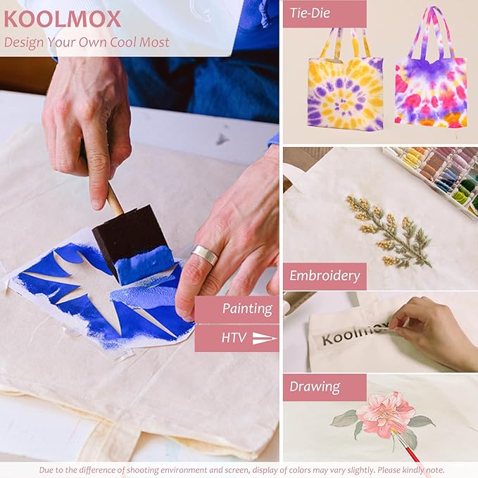 Koolmox Canvas Tote Bags with Zipper, 6-Pack 17x14'' Cotton Tote Bag with Flat Bottom, Reusable Washable Grocery Shopping Bags Plain Totes for Women DIY Art Crafts Painting Embroidery Decoration