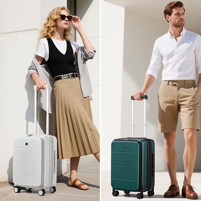 MILADA Expandable Carry On Luggage with Spinner Wheels PC Hard Shell Suitcases 20 Inch Top Opening Travel Suitcase with Wheels TSA Approved Luggage Trunk Rolling Carry-On, White