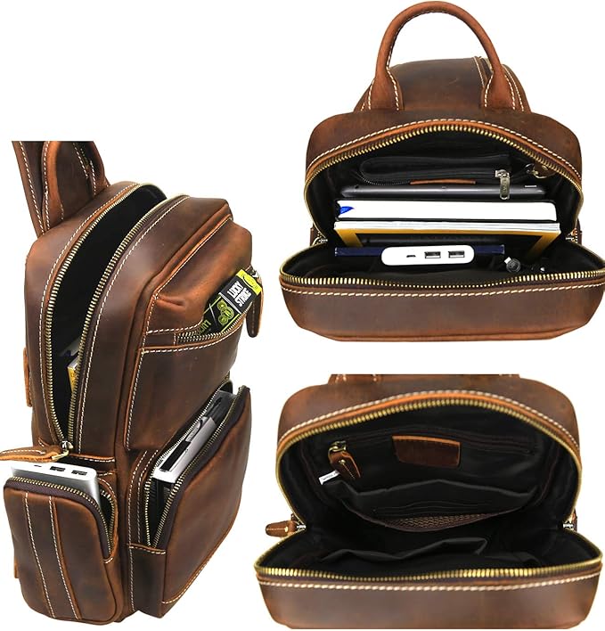 LANNSYNE Vintage Full Grain Leather Chest Sling Bag Fits 10.5 iPad Crossbody Single Strap Backpack for Men