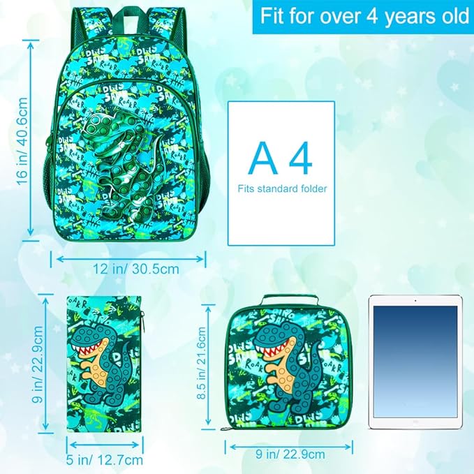 CCJPX 3PCS Dinosaur Backpack for Boys, 16 Inch Kids Preschool School Bookbags, Cool Elementary Kindergarten Backpacks and Lunch Box