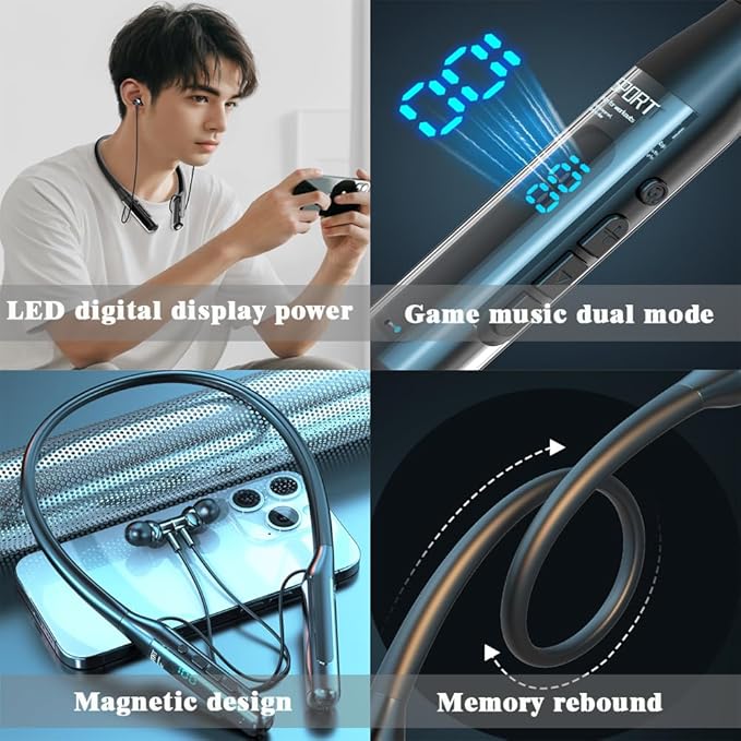 Sports Bluetooth Headset 80H of Ultra-Long Battery Life Neckband Headphones ENC Physical Noise Reduction LED Power Display Bluetooth 5.3 HiFi Stereo Business Call Headset