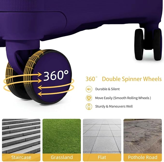 LARVENDER Luggage Sets 3 Piece with Duffel Bag Hardside PP Carry On Suitcase with 360° Spinner Wheels TSA Lock Luggage Sets for Women, Grape Purple