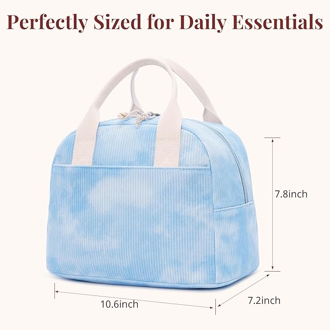 Insulated Sky Blue Lunch Bag for Women, Stylish Corduroy Tote with Aluminum Lining, Large Capacity Reusable Cooler for Work, Travel, or Beach, Beige Cream Water-Resistant Lunch Box