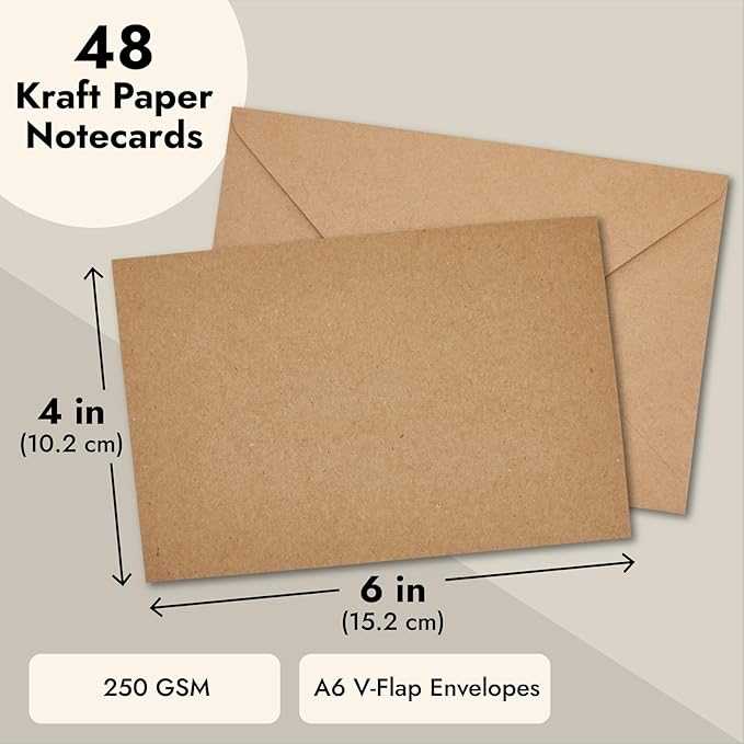 Sustainable Greetings 48 Pack Blank Stationery Cards and Envelopes 4x6 In - Brown Printable Blank Cards Bulk for Open When Letters, Wedding Invitations, Thank You, & Baby Shower