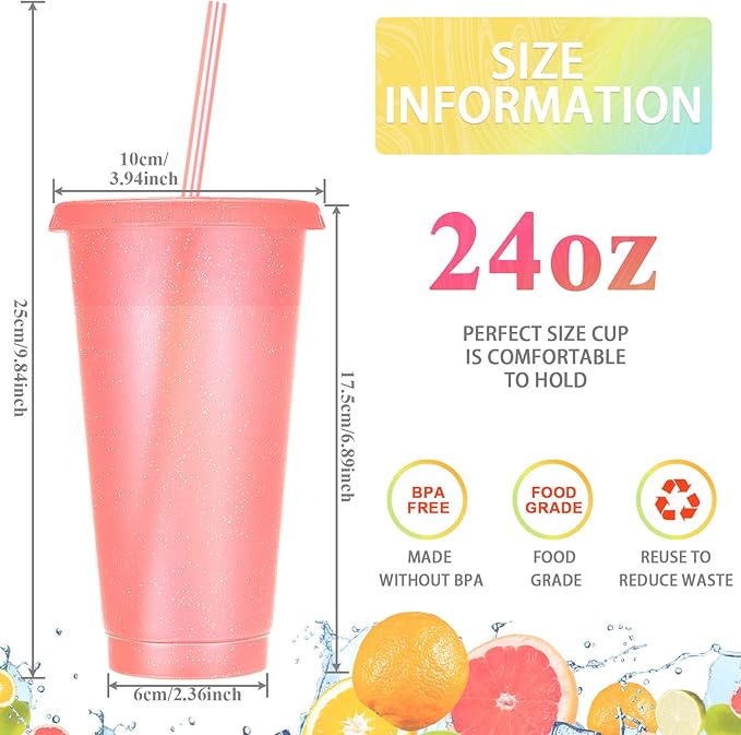 Honeydak 30 Pack Tumbler with Straw and Lid Bulk Glitter Plastic Cups Water Bottle Iced Coffee Travel Mug Reusable Party Favor Cups for Birthdays travel 24-27 oz (Glitter)