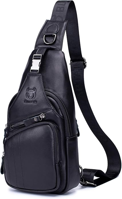 BULLCAPTAIN Leather Men Sling Bag Casual Crossbody Chest Bags Travel Daypack