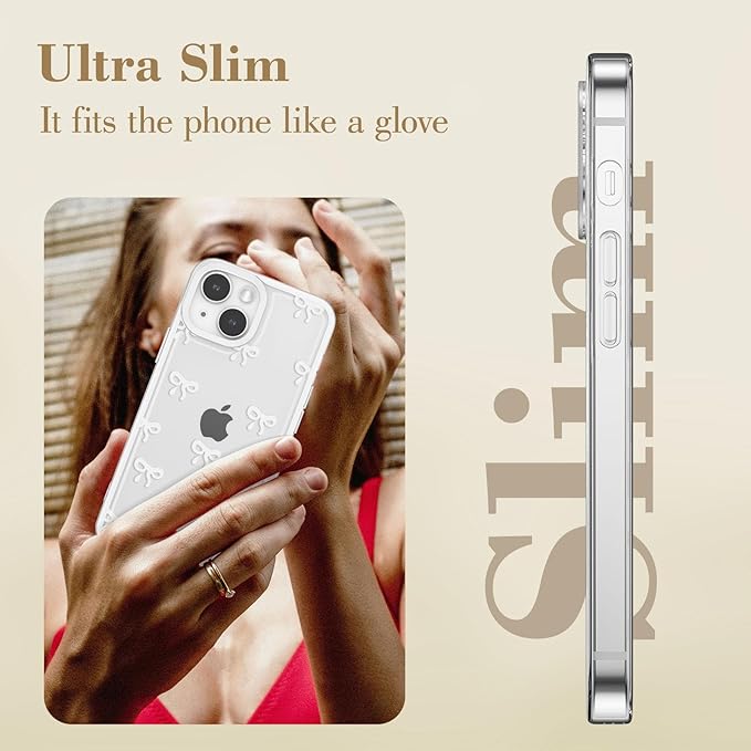 EYZUTAK Case for iPhone 14, Clear Cute Ribbon Bowknot Pattern Aesthetic Transparent Phone Case Raised Camera Protection Stylish Slim Soft Durable TPU Protective Cover for Women Girls - White