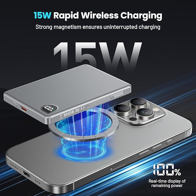 Power Bank,0.3" Ultra Slim 5000mAh Magnetic Wireless Portable Charger,with USB-C Cable Digital Display,Metal Fast Charger Battery Pack for iPhone 16/15/14/13/12 Series, Samsung Android(Silver)