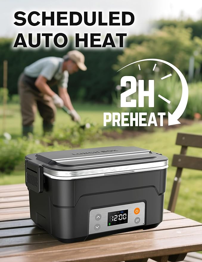EAST OAK XL 6.3-Cup Cordless Electric Lunch Box for Adults, Heated Lunch Box for Men with Scheduled Heating, Portable Car Food Warmer with Utensils, Two-Tier Bag, Removable Divider