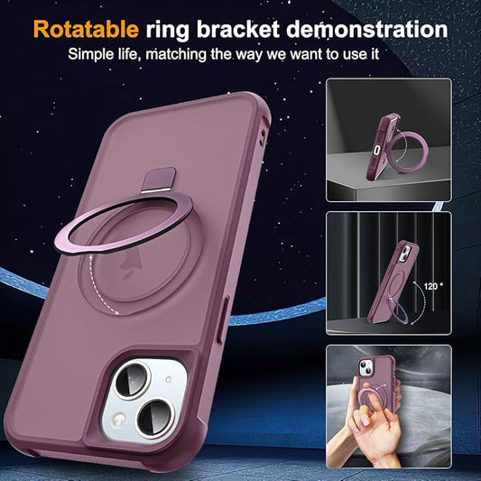 Compatible with iPhone 15 Plus Case with Invisible Magnetic O-Ring Stand Military-Grade Translucent Case for iPhone 15 Plus 6.7" [Compatible with Mag-Safe][Great Grip Feeling], Wine Red