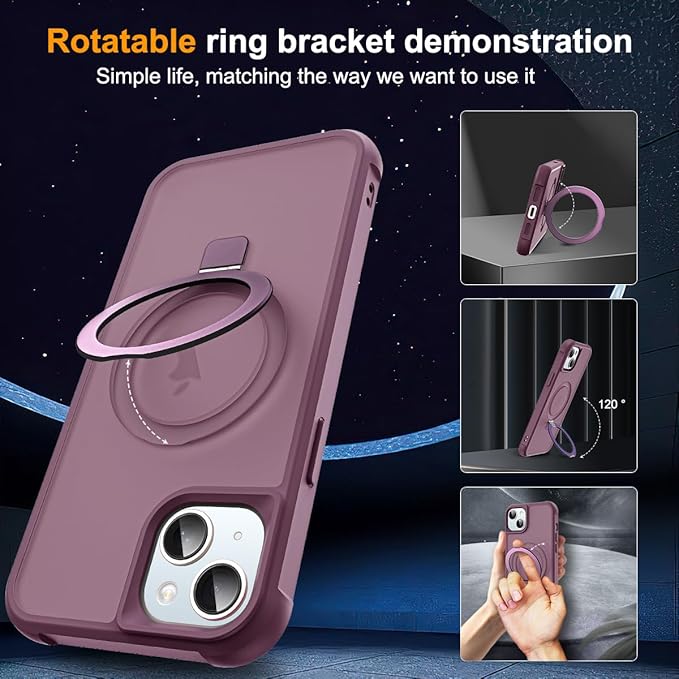 Compatible with iPhone 14 Plus Case with Invisible Magnetic O-Ring Stand Military-Grade Translucent Case for iPhone 14 Plus 6.7" [Compatible with Mag-Safe][Great Grip Feeling], Wine Red