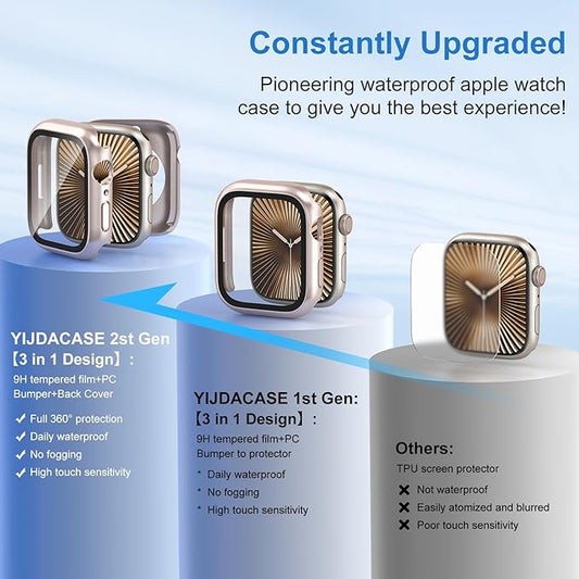 3 in 1 Waterproof Case for Apple Watch Series 11(2025) Series 10 Screen Protector 42mm Accessories Built-in Tempered Glass, 360°Full Protective PC Bumper Face Cover Compatible iWatch 42mm