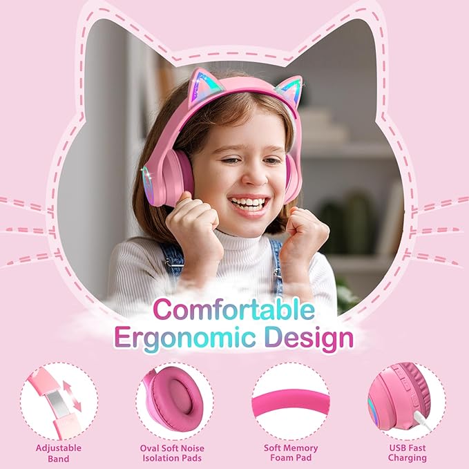 LOBKIN Bluetooth 5.4 Kids Headphones with Case - RGB LED Light Up Cat Ears Foldable Adjustable Over Ear Headphone Support Wireless or 3.5mm Wired Mode for Toddler & Girls & Boys Teens